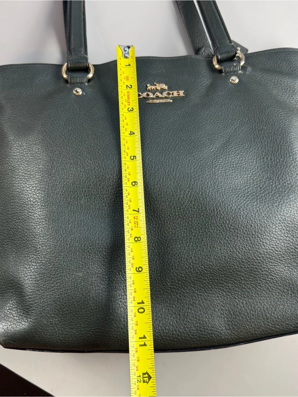 Coach Pebbled Leather Zip Top Tote Shoulder Bag Dark Green Gold Hardware